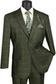 Cheap Priced Suit - Mens 2 Button Vested Peak Lapel Plaid Windowpane Olive Suit