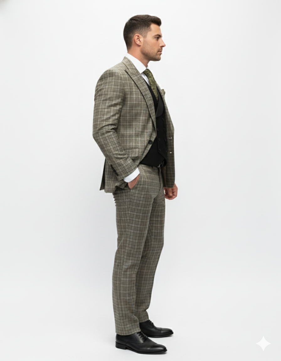 Statement Suits - Wool Suits - Peak Lapel Suits - Ticket Pocket - Modern Fit - Olive Suit - Coat Size 38