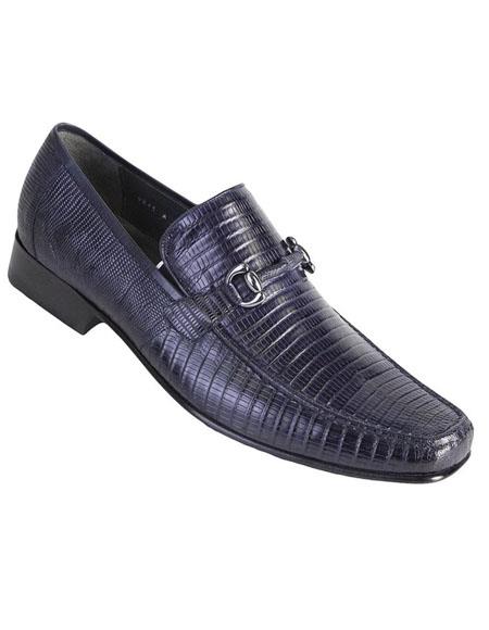 Men's Navy Genuine Teju Lizard Skin Slip-On By Los Altos Boots - US 8.0 Standard/D/ Medium / Eu:41-42