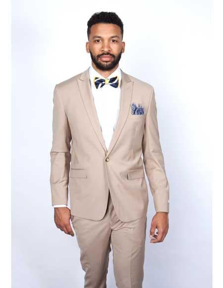 Beige Slim Fit Suit for Men by Rossiman Rossi Tailored Skinny Fit Formal Suit
