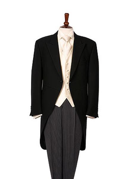 Men's Black Herringbone Wool Medium Weight 1 Button Morning Coat With Striped Pant-New Designer Collection - 58R