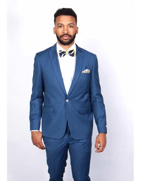 Blue Slim Fit Mens Suit by Rossiman Rossi Skinny Style with 1-Button Jacket