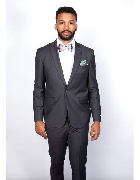 Rossiman Men's Slim Fit Gray Wool Suit 1-Button Peak Lapel Jacket & Tapered Low-Rise Pants