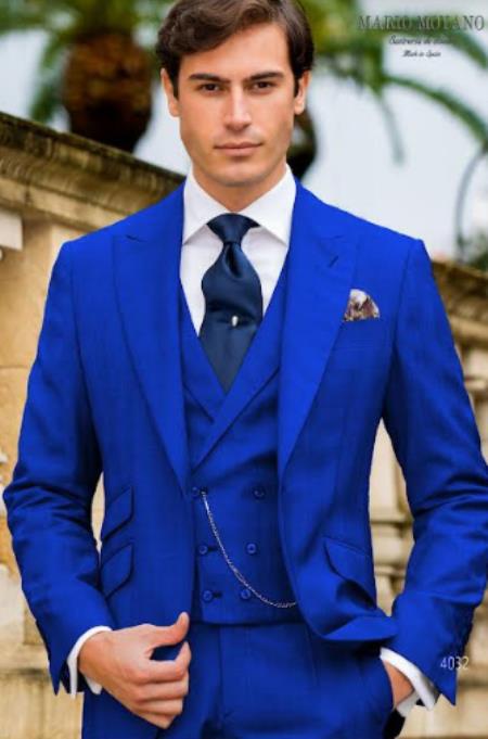 Mens One Button Peak Lapel Suit Royal Blue