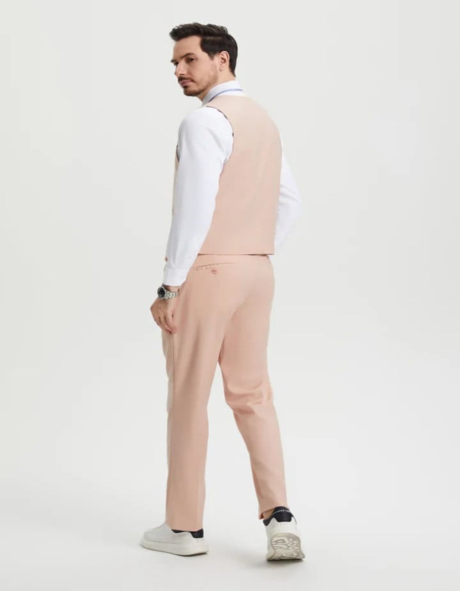 Men's Vested One Button Peak Lapel Stacy Adams Designer Blush Pink Suit - 38 Short Jacket+32 Waist Adjustable 28to34)(Height: 5 4 to5 7 )(Neck  15-16.5)S-M)