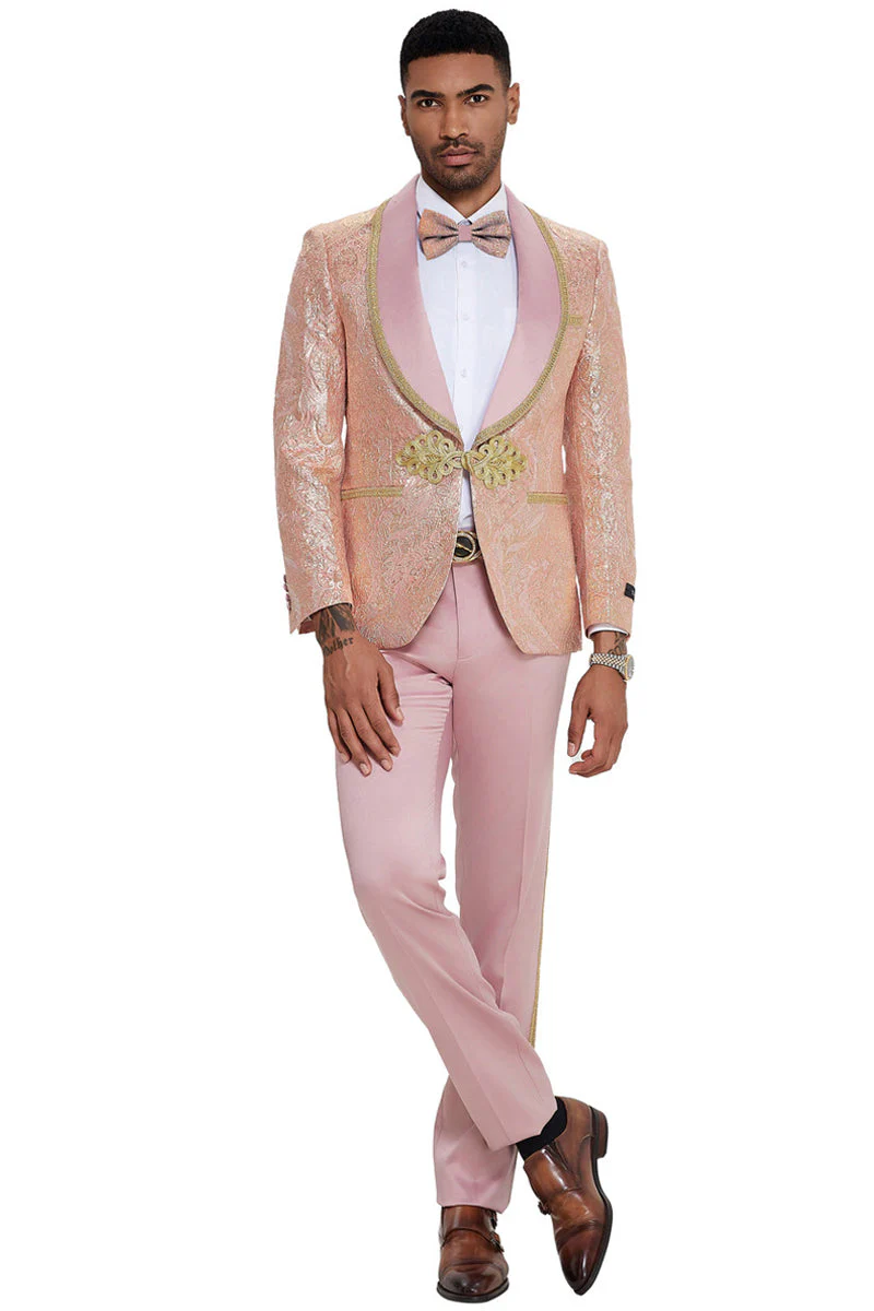 Mens One Button Shawl Lapel Wedding Prom Tuxedo in Shiny Pink Paisley - 34 Short or Extra Small
