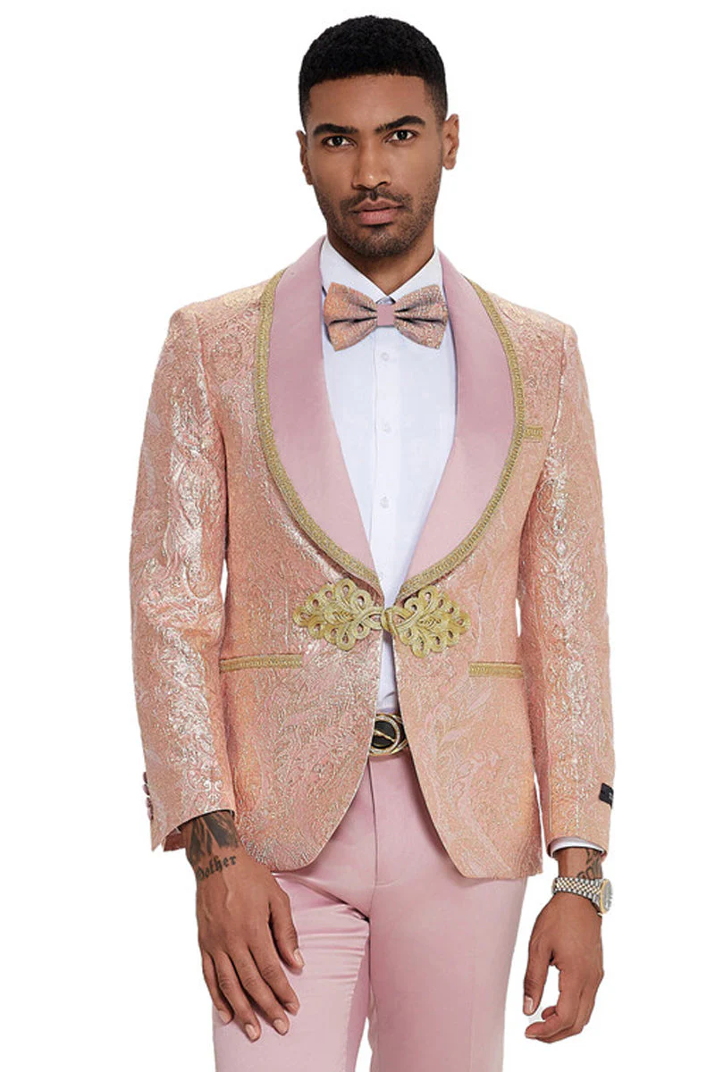Mens One Button Shawl Lapel Wedding Prom Tuxedo in Shiny Pink Paisley - 34 Short or Extra Small