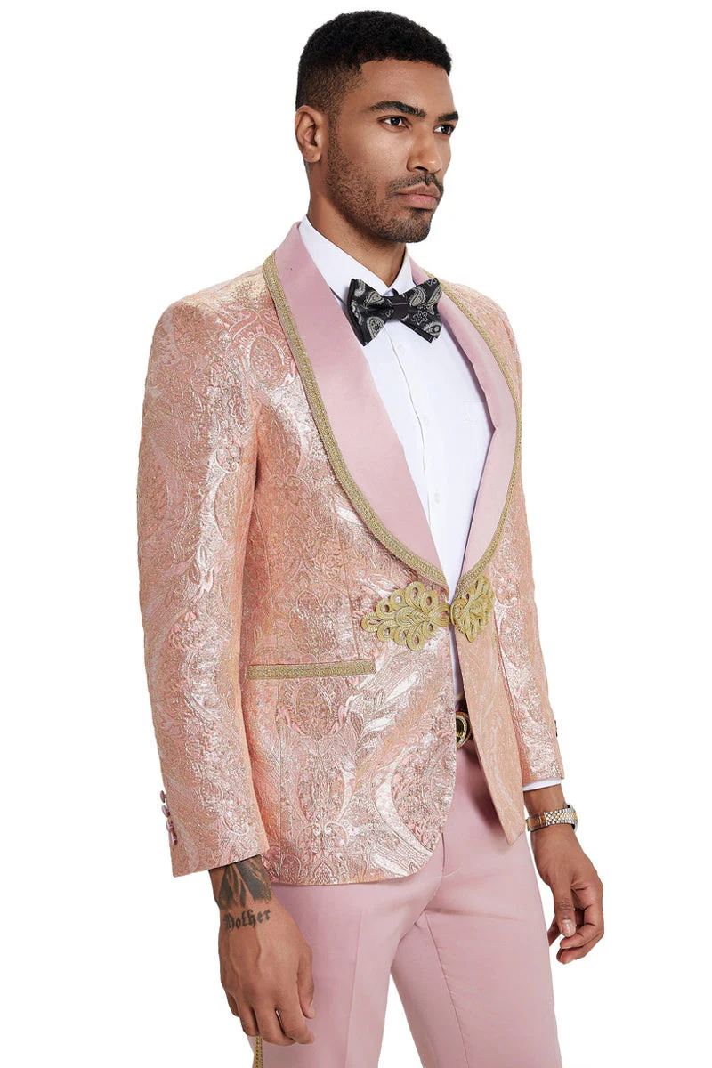 Mens One Button Shawl Lapel Wedding Prom Tuxedo in Shiny Pink Paisley - 34 Short or Extra Small