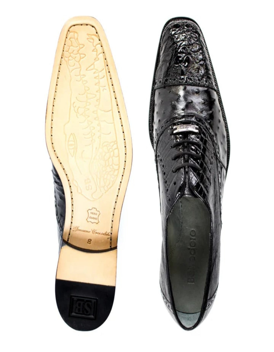 Men's Belvedere Onesto Ostrich Quill & Crocodile Cap Toe Black Dress Shoe - US 8.5 Standard/D/ Medium / Eu:41-42
