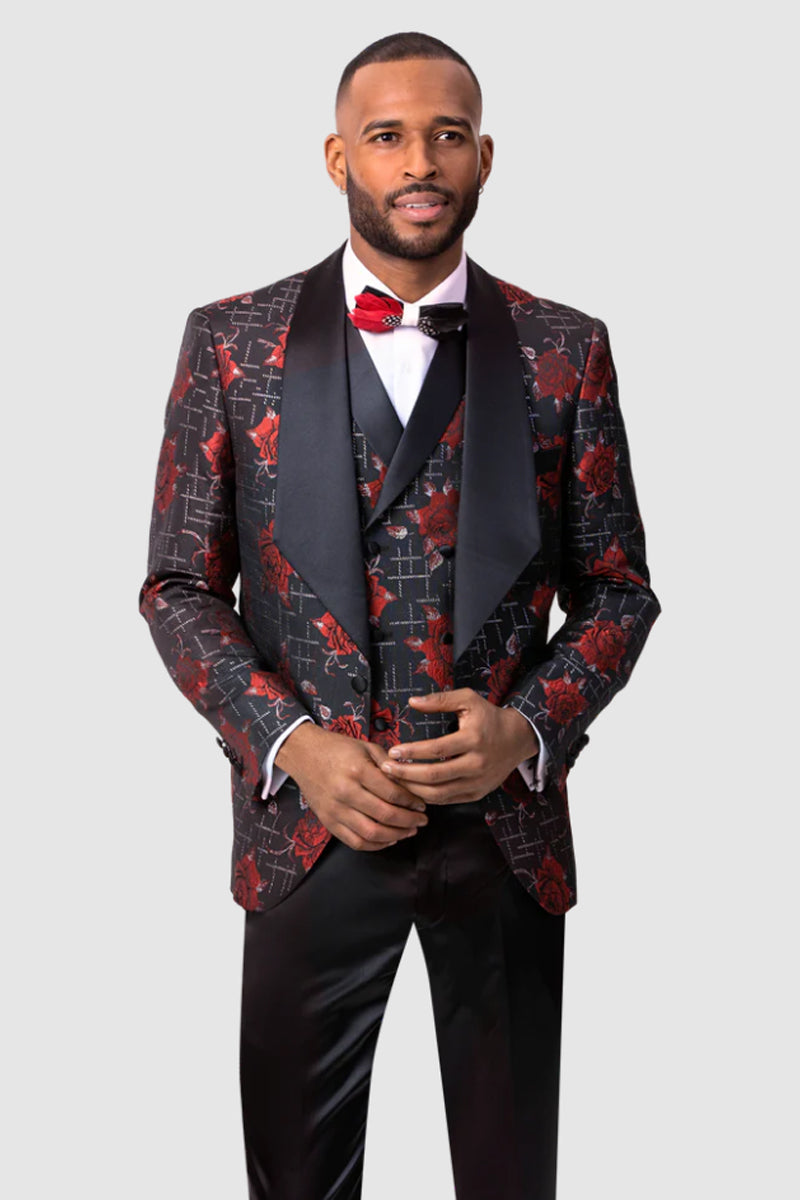 "Diamond Shawl Lapel Men's Tuxedo with Vest - Black & Red Floral Print"
