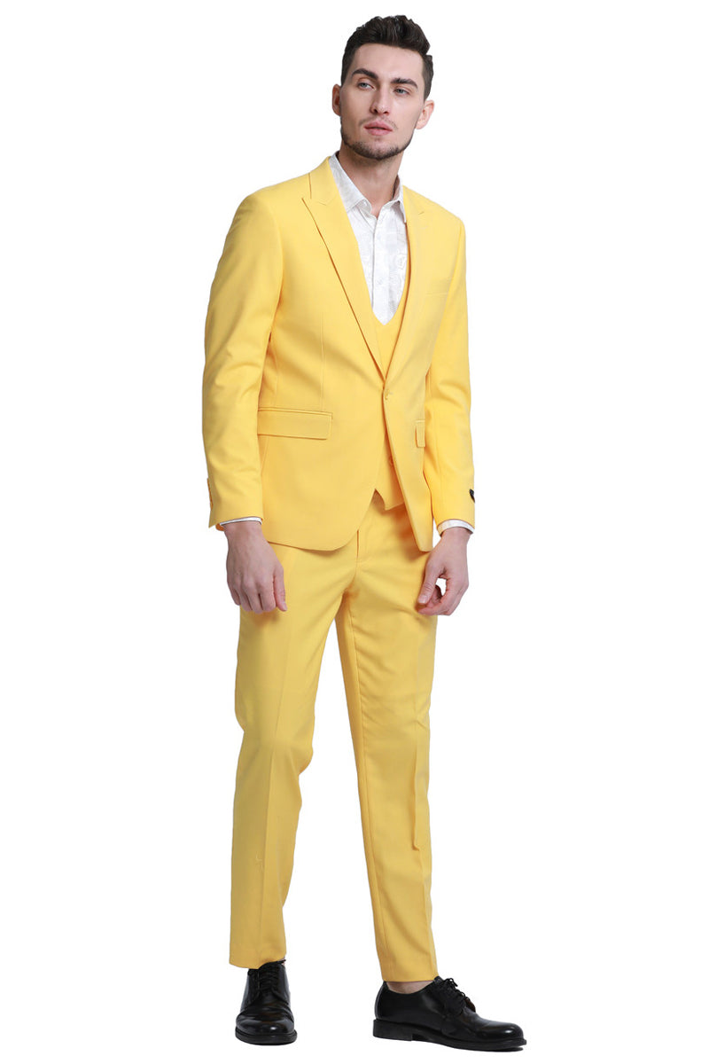 "Yellow Men's Slim Fit Wedding Suit - Peak Lapel Double Breasted Vest" - 34 Short