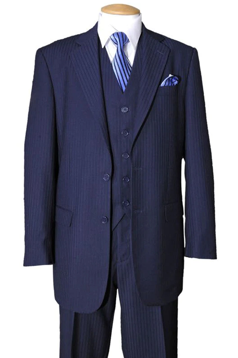 "Navy Pinstripe Wool Feel Men's Suit - 2 Button Vested by Tonal" - 38 Long