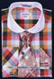 French Cuff Set White Collar Two Toned Contrast Checker Pattern Orange Plaid ~ Windowpane Men's Dress Shirt