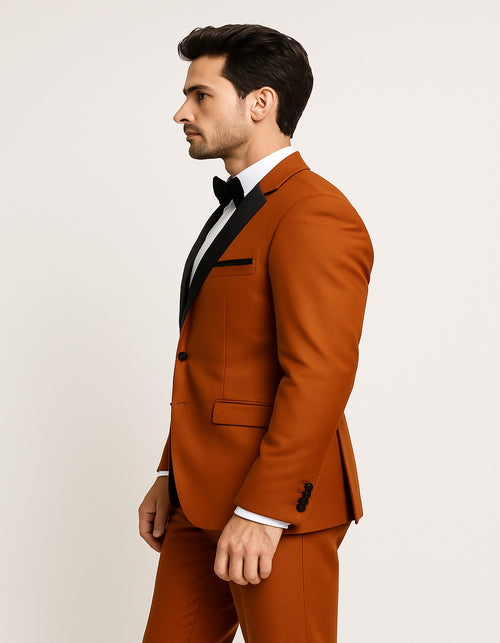 Men's Burnt Orange Tuxedo Suit â€“ 3-Piece Slim Fit with Black Satin Shawl Lapel