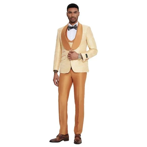 2026 Prom 2026 Special Orange Tuxedo Suit w/ Double-Breasted Vest by Tazzio Orange Prom 2026 Suits