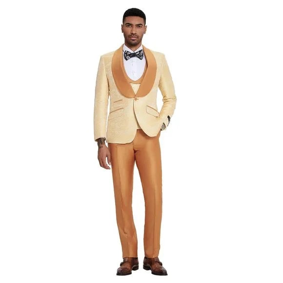 2026 Prom 2026 Special Orange Tuxedo Suit w/ Double-Breasted Vest by Tazzio Orange Prom 2026 Suits