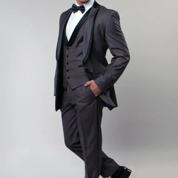 Bryan Michaels Slim Fit 3-PC Tuxedo, Grey w/ Black Pants - 38 Short Jacket+32 Waist Adjustable 28to34)(Height: 5 4 to5 7 )(Neck  15-16.5)S-M)