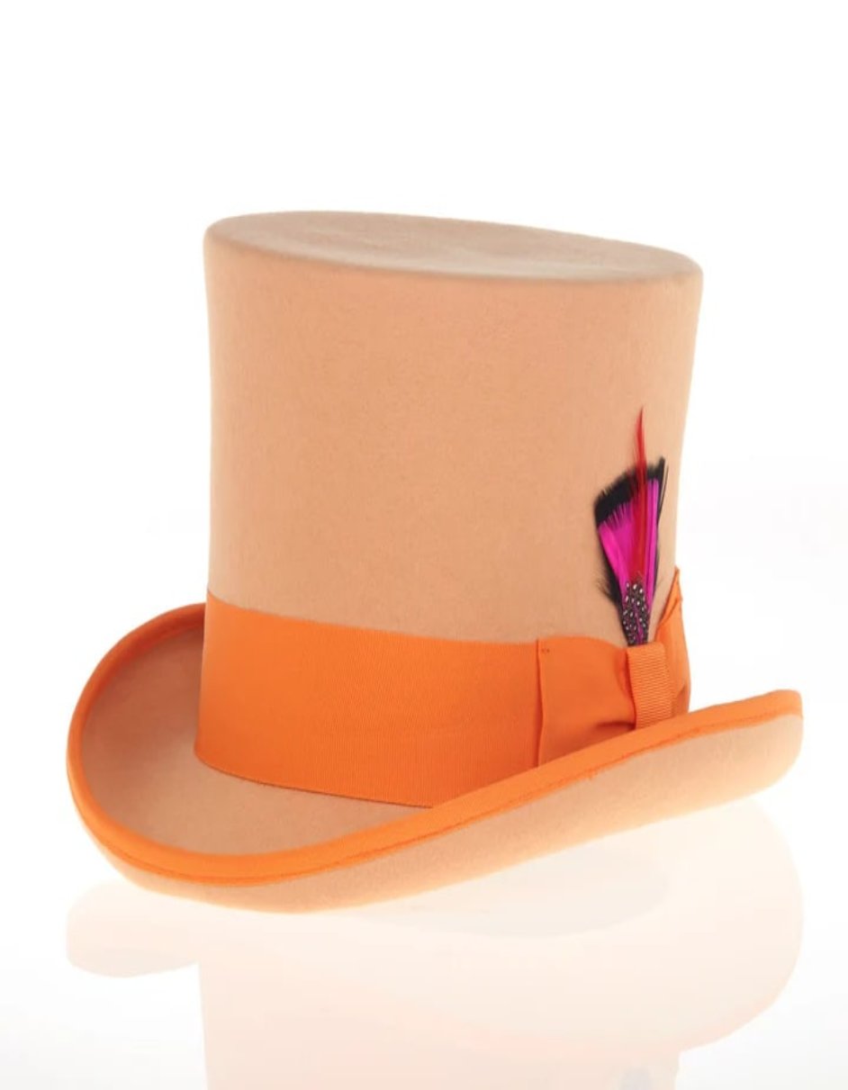 Victorian Steampunk Top Hat - 1800 19th Century - Dressy Loden Felt Top Orange Feather Accent Hat