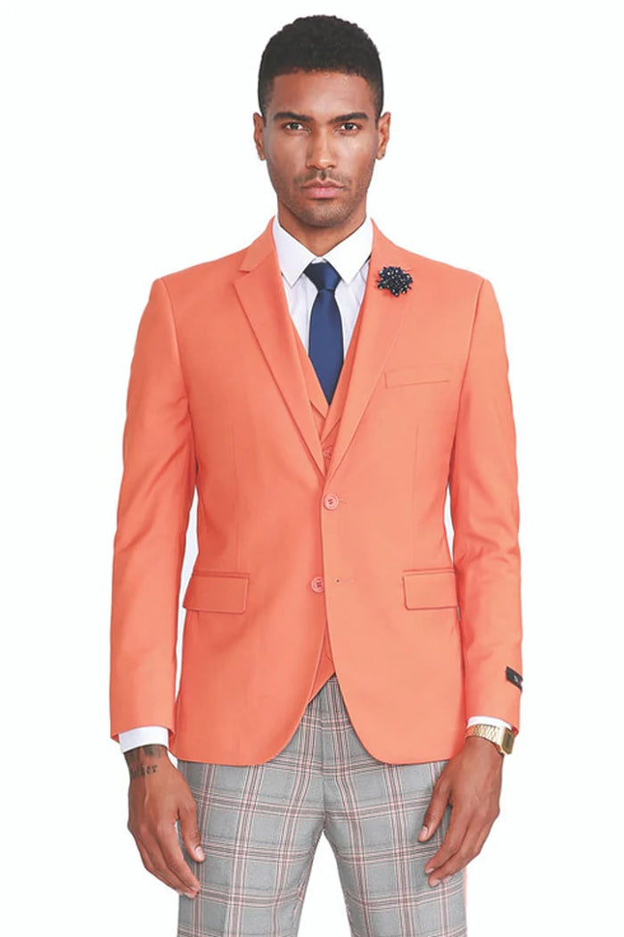 Cheap priced Suit - Men's Two  Button Vested Peak Lapel Suit Orange With Orange Plaid Pants