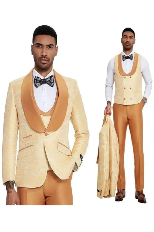 2025 Prom 2025 Special Orange Tuxedo Suit w/ Double-Breasted Vest by Tazzio Orange Prom 2025 Suits