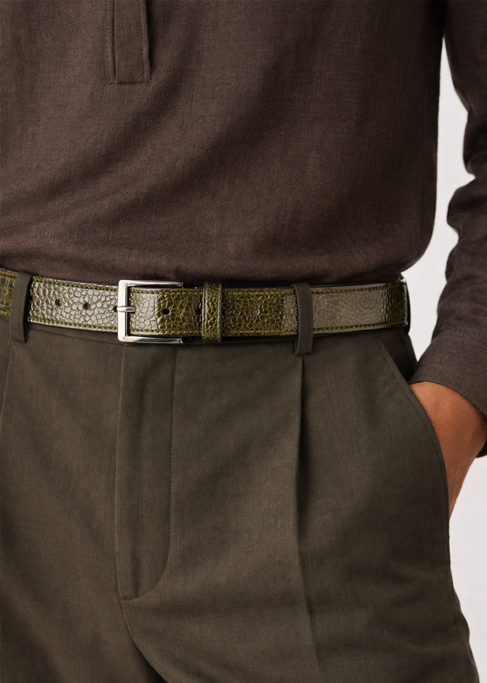 Belvedere Ostrich Leg Belt- Olive - 44