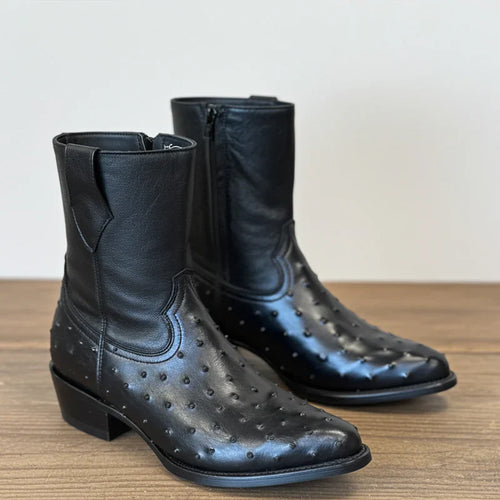 Mens White Diamond Boot Black Ostrich Print Boots Low Ankle J-Toe
