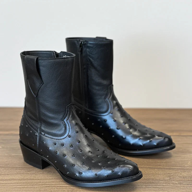 Mens White Diamond Boot Black Ostrich Print Boots Low Ankle J-Toe - 6