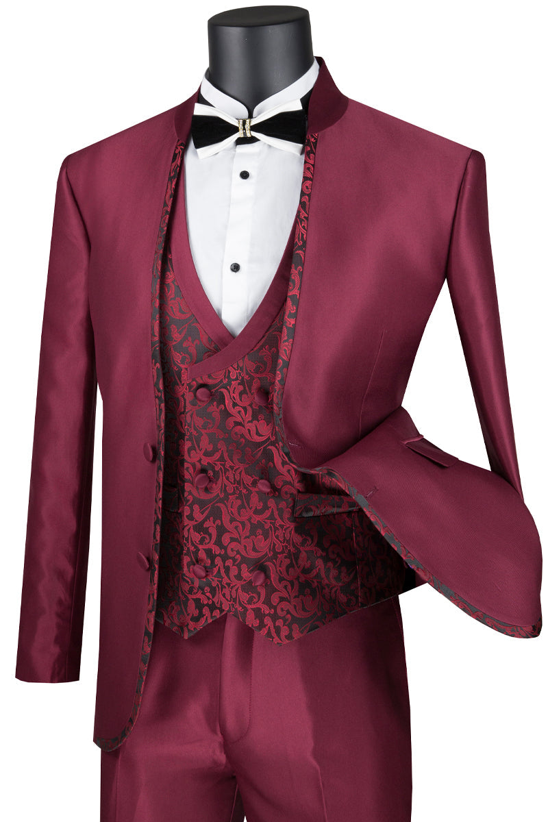 Mens Fancy Vested Mandarin Collar Tuxedo Suit in Burgundy - 36 Short