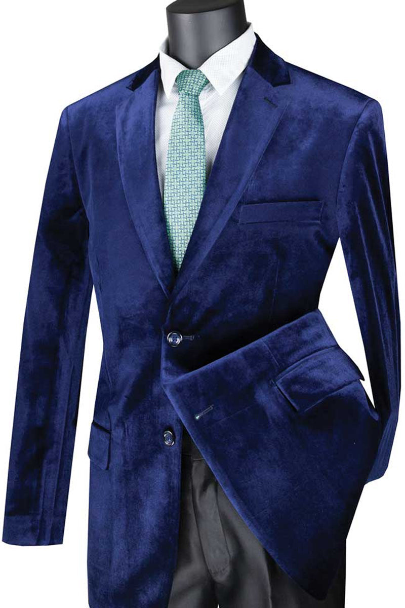 Mens Modern Fit 2 Button Velvet Blazer in Sapphire - L