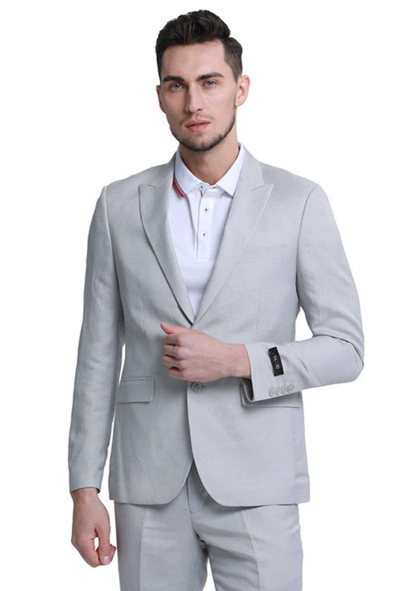 "Men's Summer Linen Beach Wedding Suit - Light Grey, Two Button Peak Lapel" - 34 Short