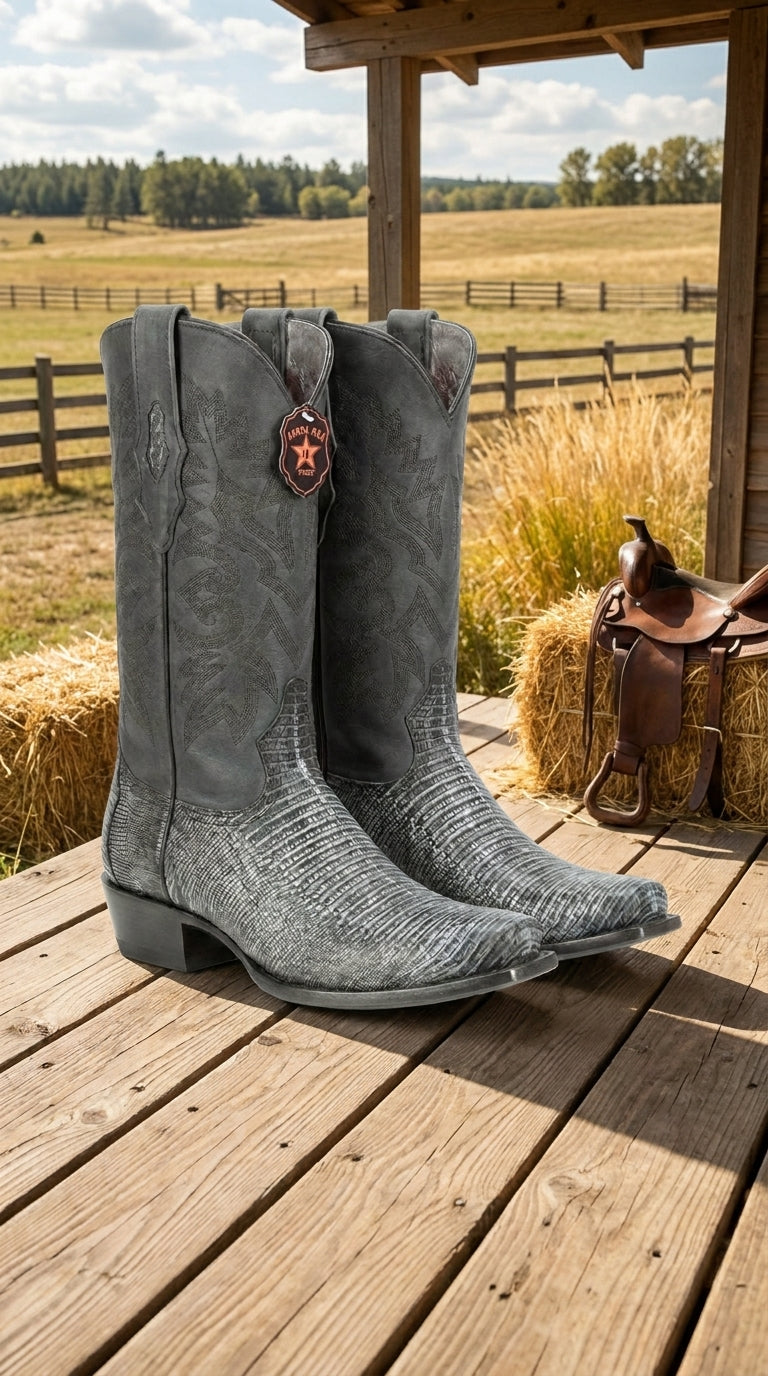 Men's Los Altos Boots 7 Toe Genuine Teju Lizard Sanded Black Leather Boots Handcrafted