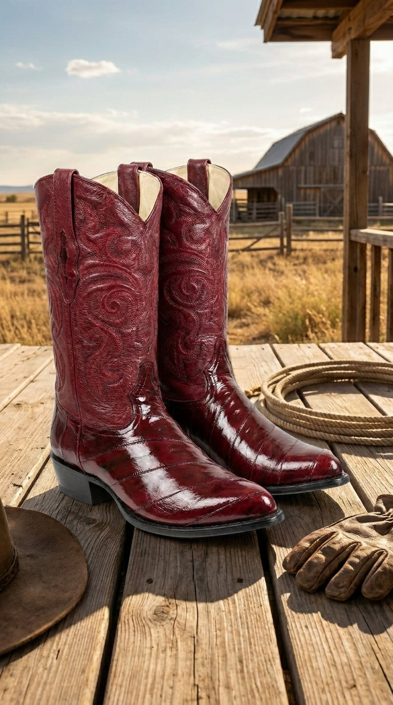 Men’s Burgundy Eel Cowboy Boots with J Toe, Exotic Leather Western Dress Boots