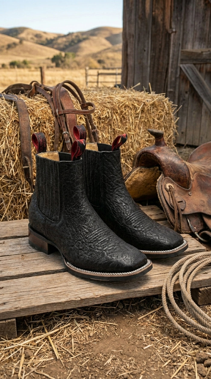 Men’s Bull Shoulder Short Cowboy Boots in Black and Brown, Western Ankle Boots with Square Toe