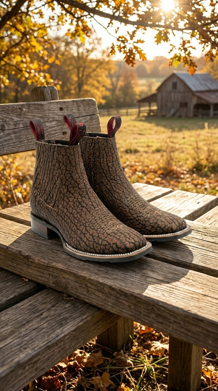 Men’s Bull Shoulder Short Cowboy Boots in Black and Brown, Western Ankle Boots with Square Toe
