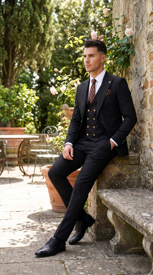 Men’s Black Double Breasted Vested Suit, 1920s 1980s Style Peak Lapel Wool Feel Designer Suit with Gold Buttons