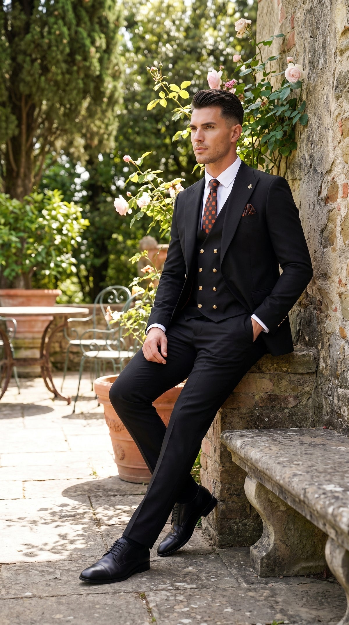 Men’s Black Double Breasted Vested Suit, 1920s 1980s Style Peak Lapel Wool Feel Designer Suit with Gold Buttons