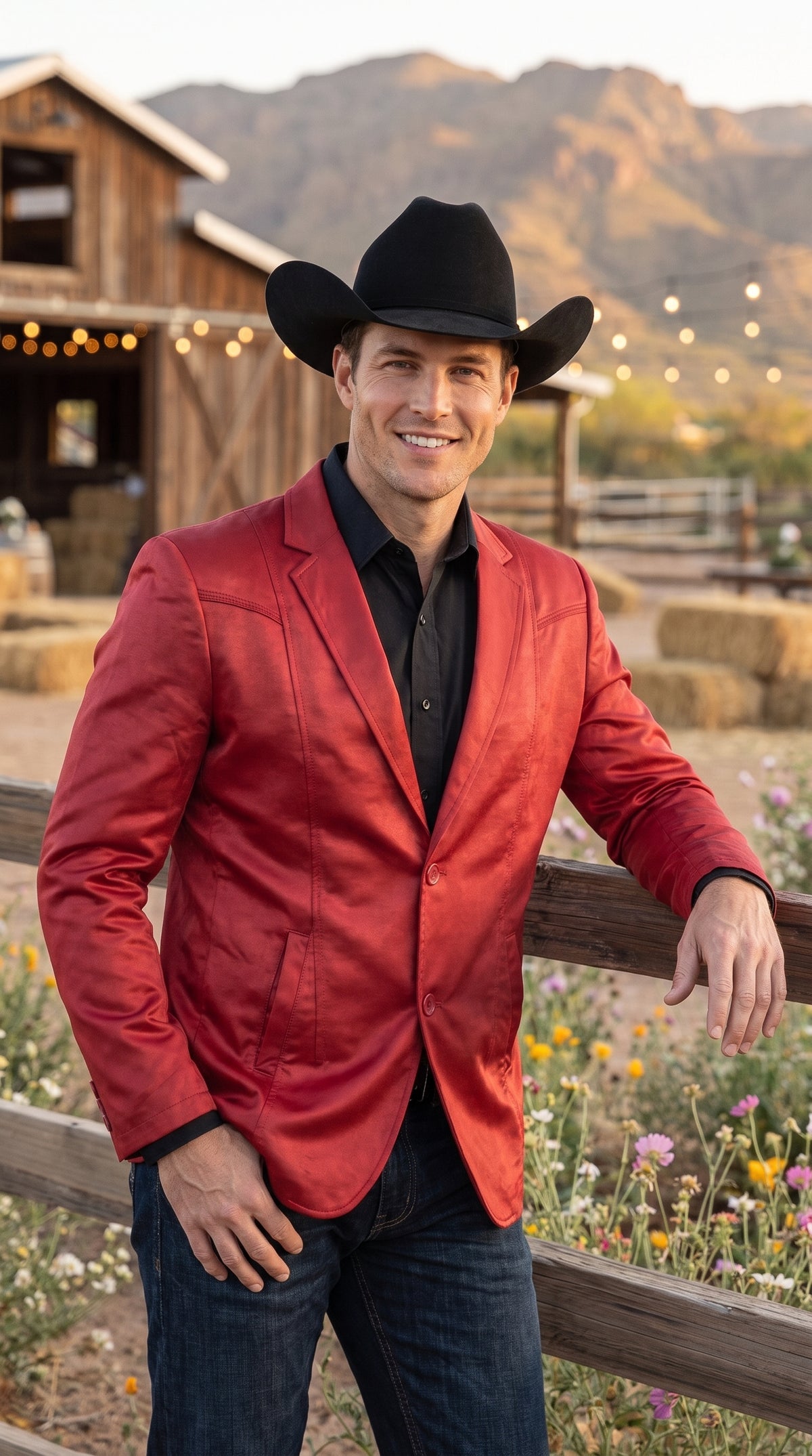 Men’s Western Red Blazer, Slim Fit Shiny Finish Sport Coat for Weddings Prom and Special Events