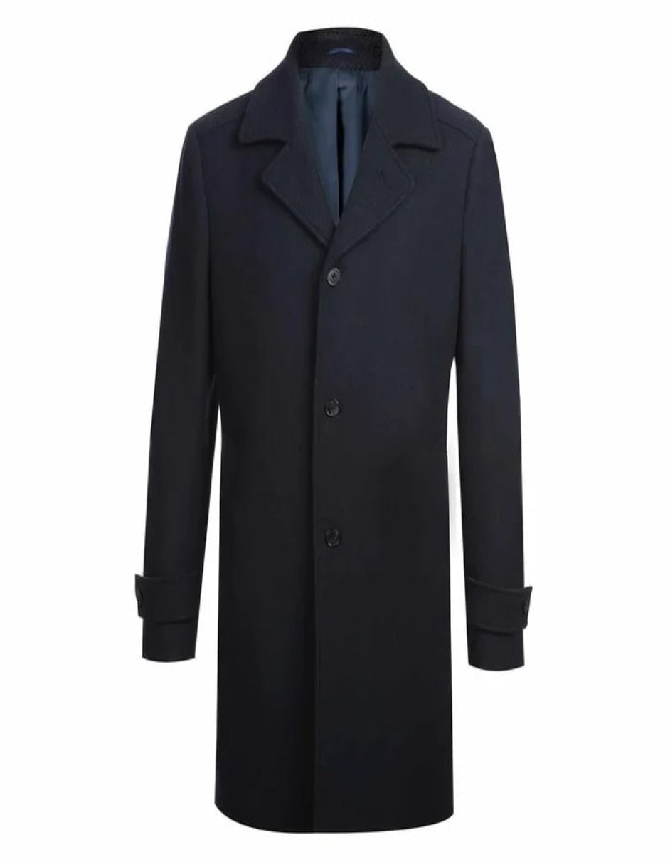 English Laundry Navy Slim Fit Wool Blend Long Overcoat