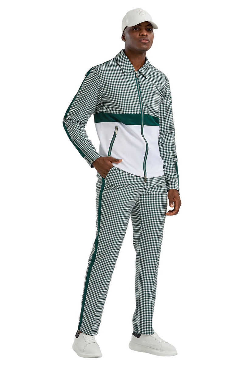 "Houndstooth Men's Casual Walking Suit Jacket & Pant Set in Hunter Green"