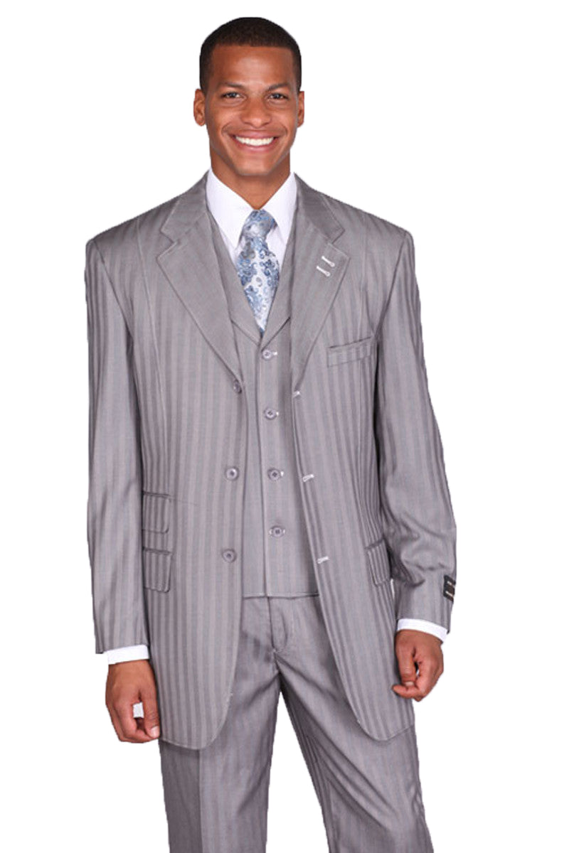"Pinstripe Fashion Suit for Men - Grey 3 Button Vested Tonal"