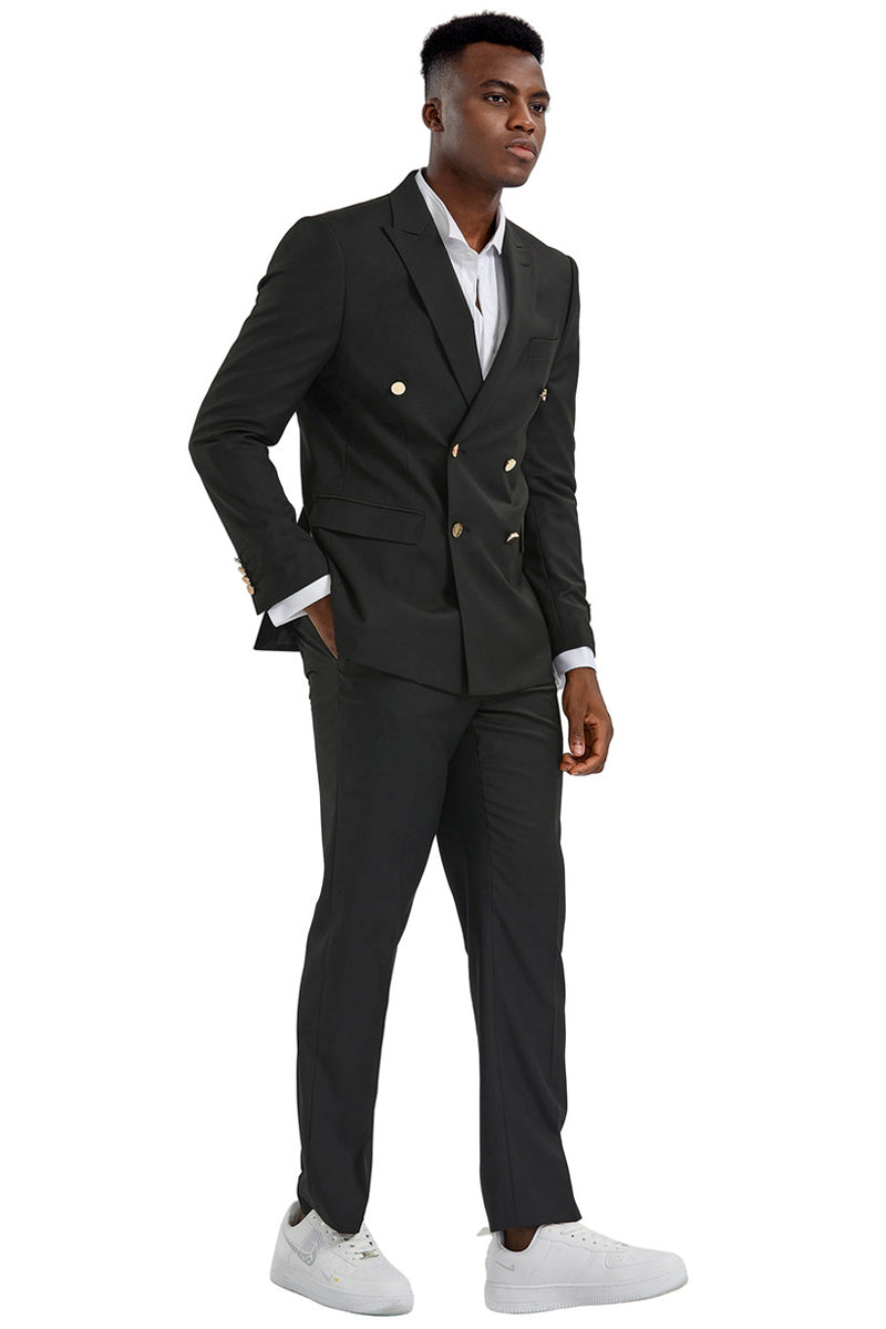 "Black Men's Slim Fit Wedding Suit - Double Breasted with Gold Buttons"