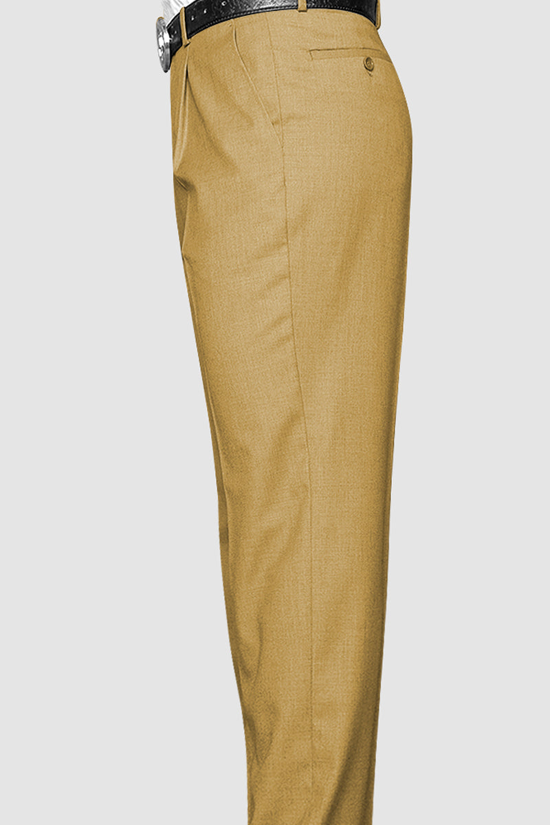 Men's 100% Wool Classic Fit Pleated Dress Pant in Camel - 32