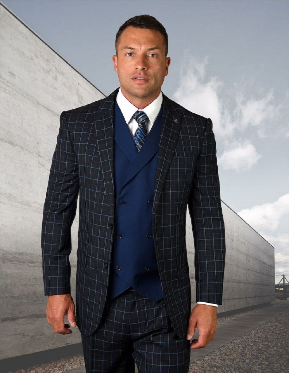 Mens 2 Button Vested Peak Lapel Suit in Navy Windowpane - 34 Short