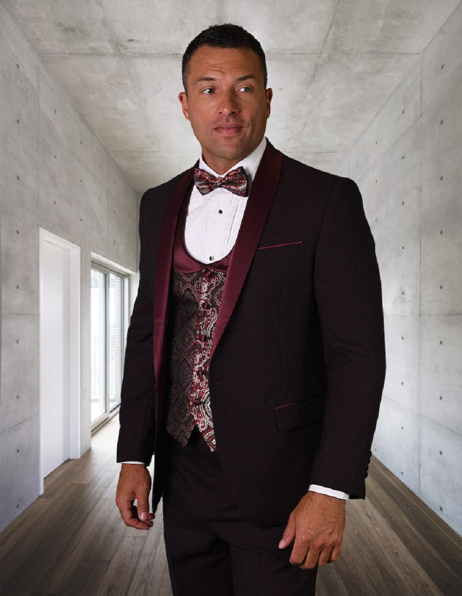 Mens One Button Shawl Tuxedo with Paisley Scoop Neck Vest in Burgundy - 36 Short