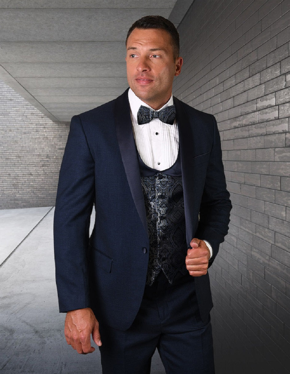 Mens One Button Shawl Tuxedo with Paisley Scoop Neck Vest in Indigo Blue - 36 Short