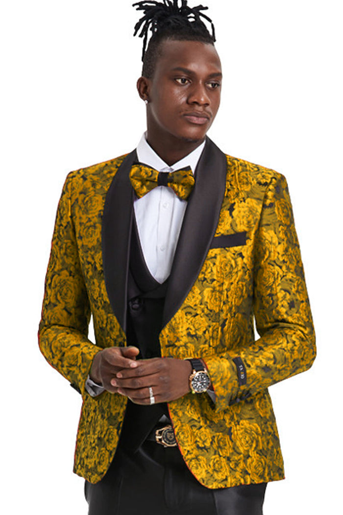 "Gold Paisley Floral Men's Slim Fit Prom 2026 Tuxedo - One Button Vested"