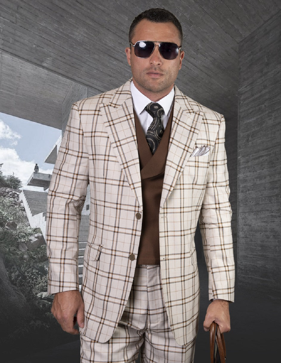 Mens Two Button Peak Lapel Vested Wool Suit in Tan Windowpane - 34 Short
