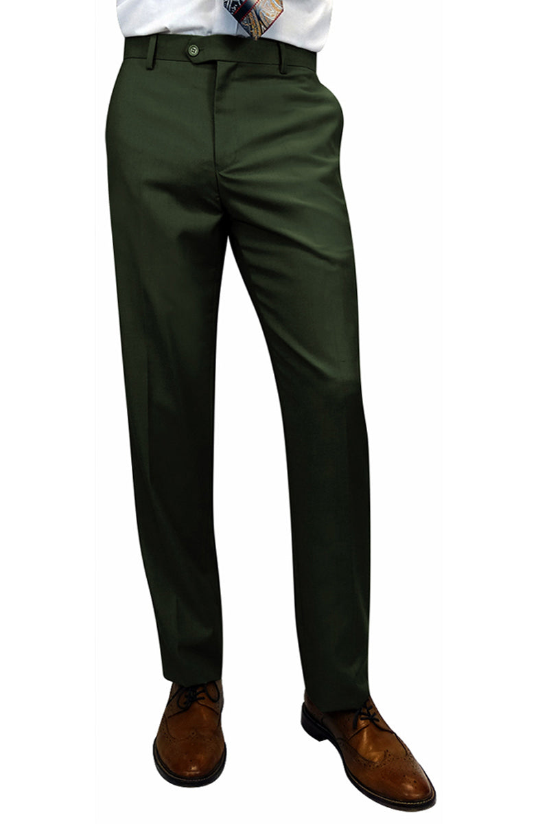 Men's 100% Wool Slim Fit Flat Front Dress Pant in Hunter Green - 28