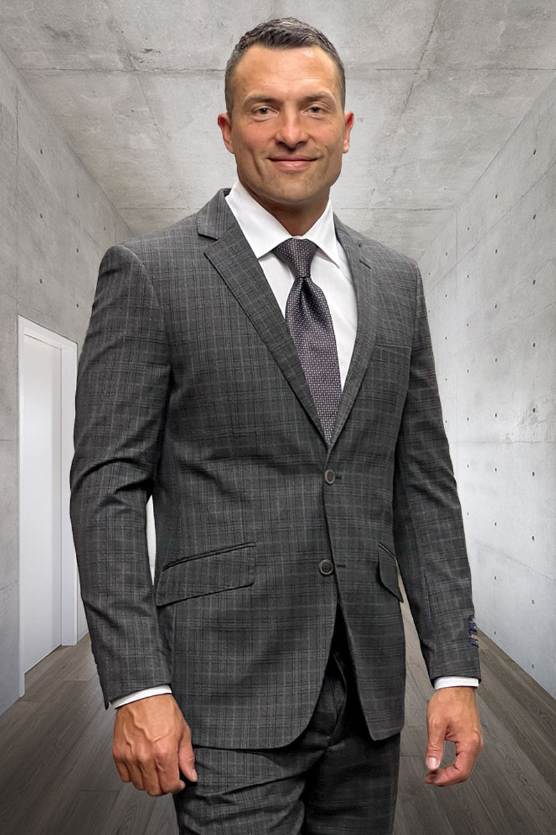 Men's Modern Fit Two Button Designer Wool Suit in Brown Taupe Plaid - 36 Short