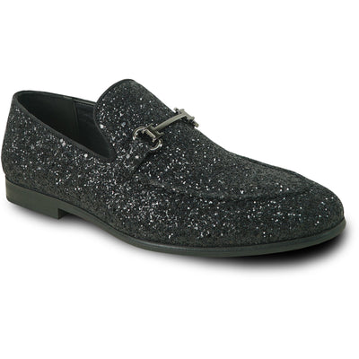 "Black Sequin Prom 2026 Tuxedo Loafers - Modern Men's Glitter Buckle Shoes"
